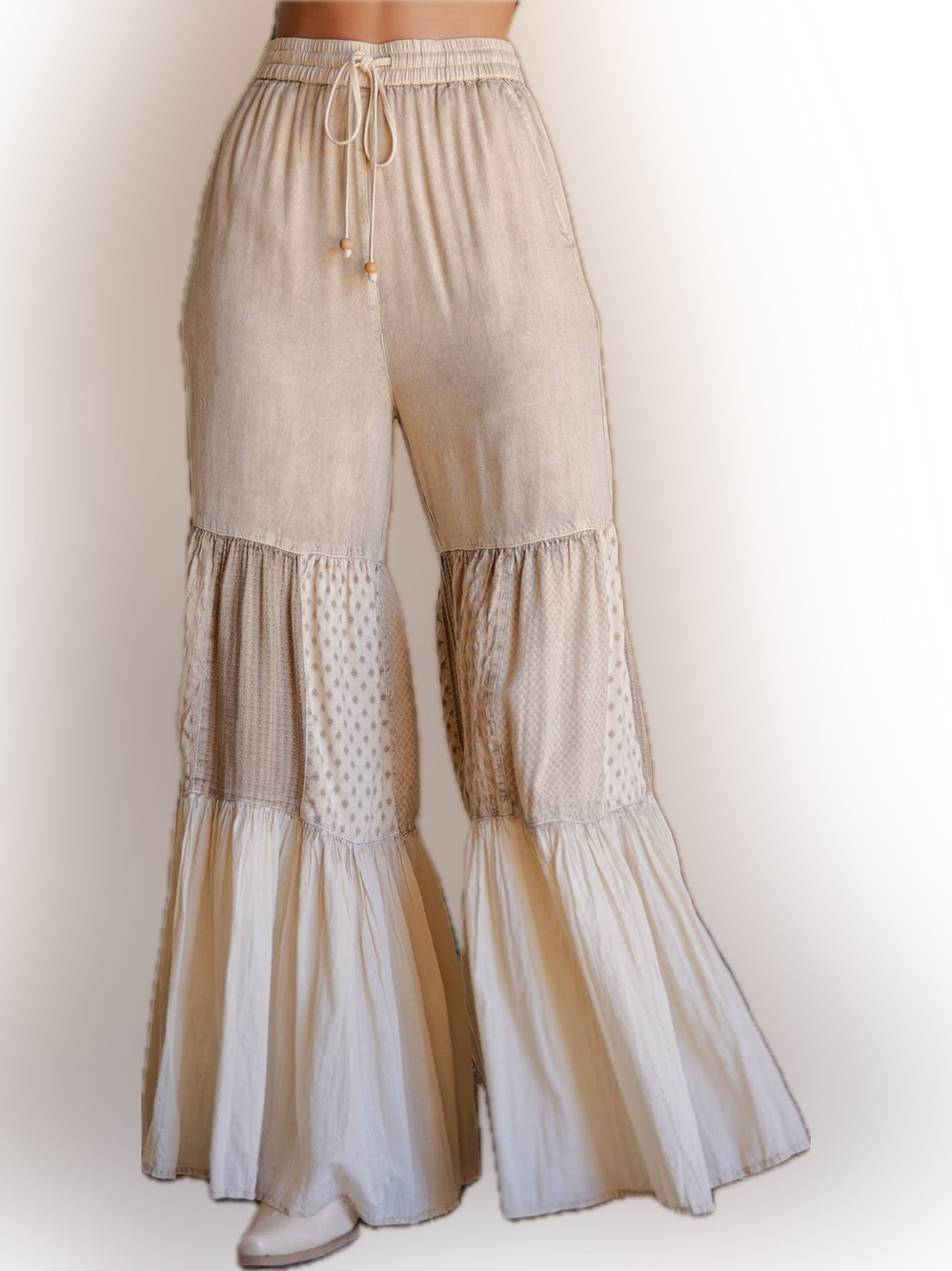 NWT- Tiered Wide-Leg Patchwork Pants - Latte Young Threads - Picture 13 of 14